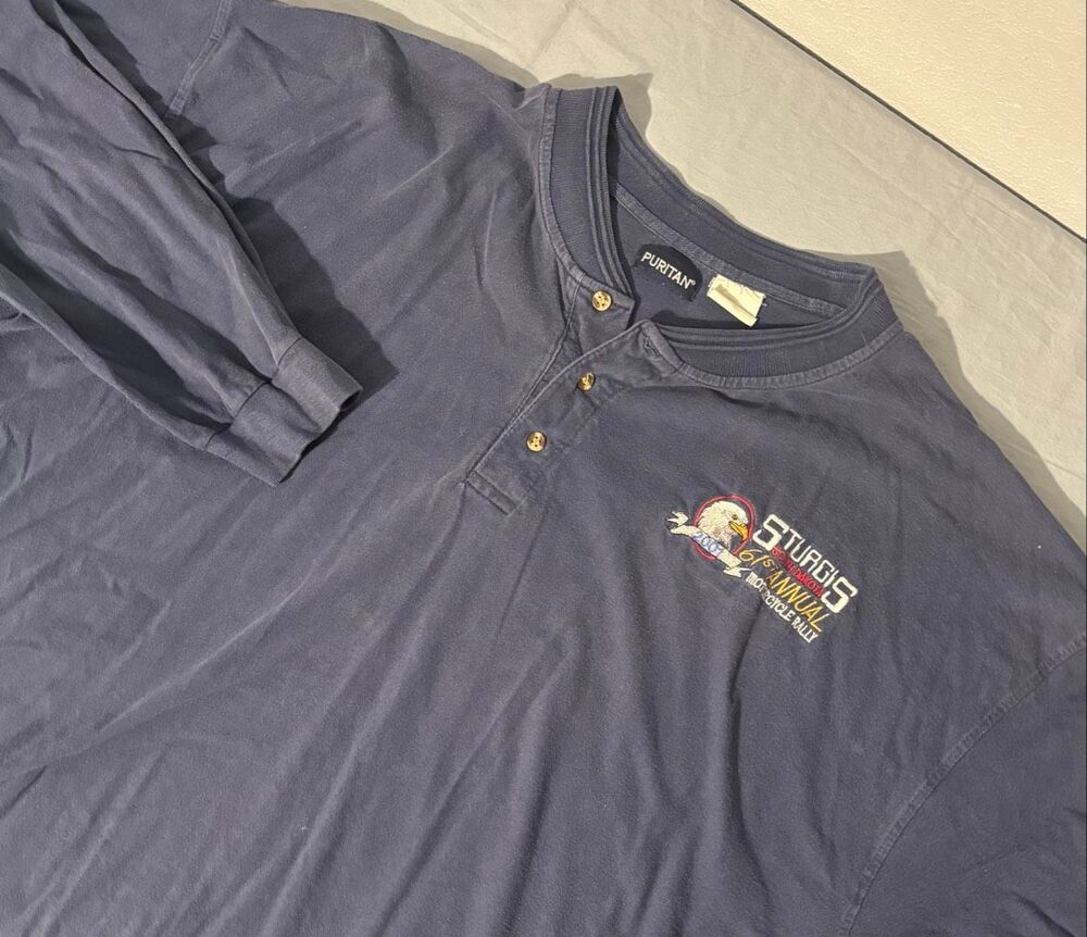 Vintage 2001 Puritan Blue 3XL Sturgis Long Sleeve Henley Shirt